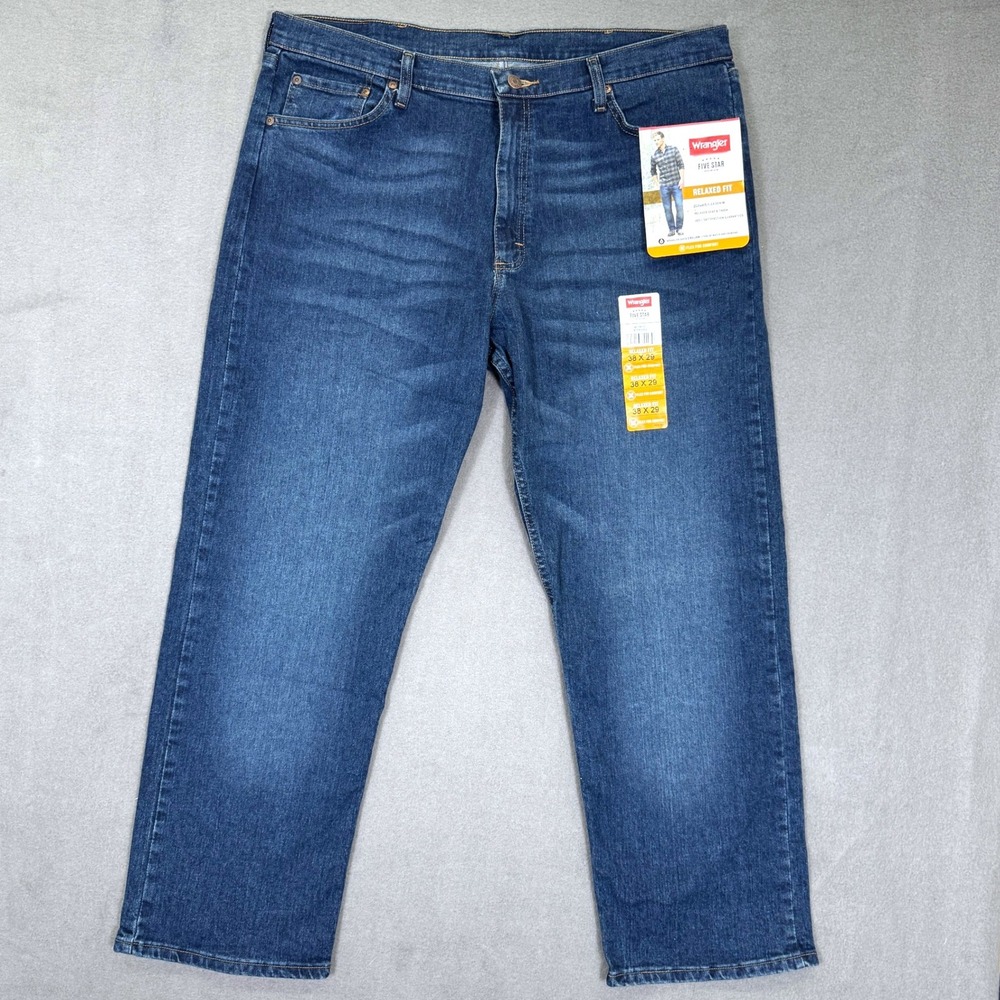 New Wrangler Jeans Men 38X29 Blue Five Star Premium Relaxed Fit Flex Denim Pants